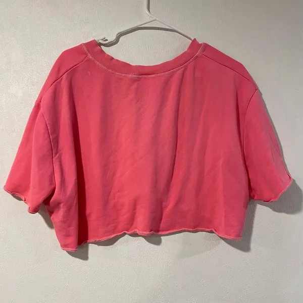 Out From Under Pink Cropped Sweatshirt V Neck Raw Hem Boxy Top XS - Image 2