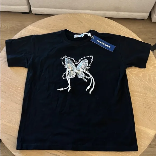 Aelfric Eden Butterfly embroidered Tee shirt with string Pearls, Black, XS, NWT - Image 2