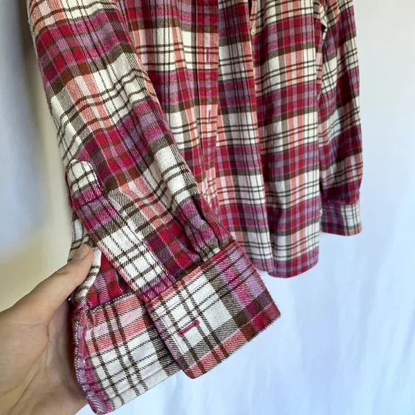Lands'‎ End pink white checkered button down long sleeved flannel top women's M - Image 5