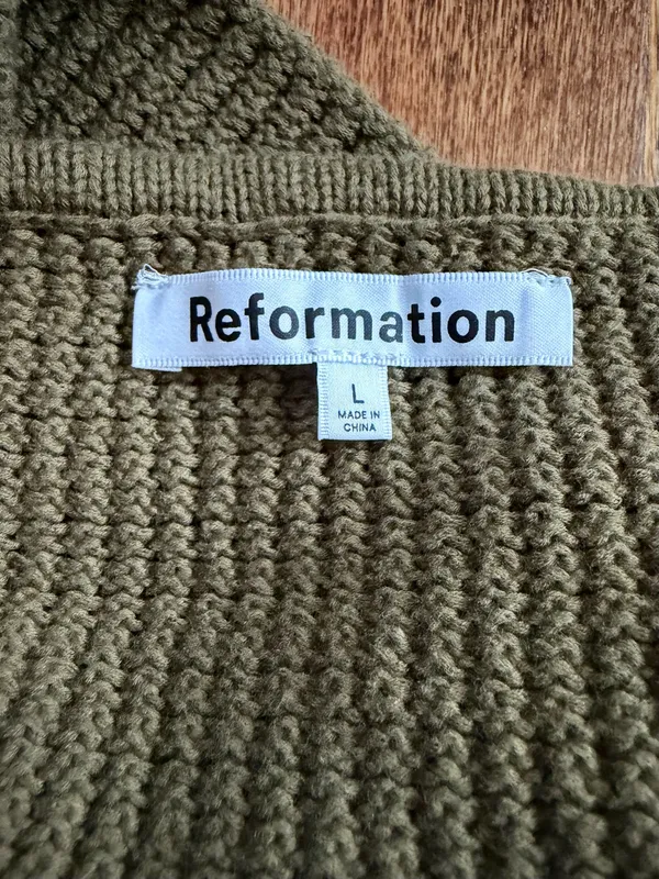 Reformation Suzanne Halter Sweater Tank Olive Oil Green Open Knit Keyhole Top L - Image 6