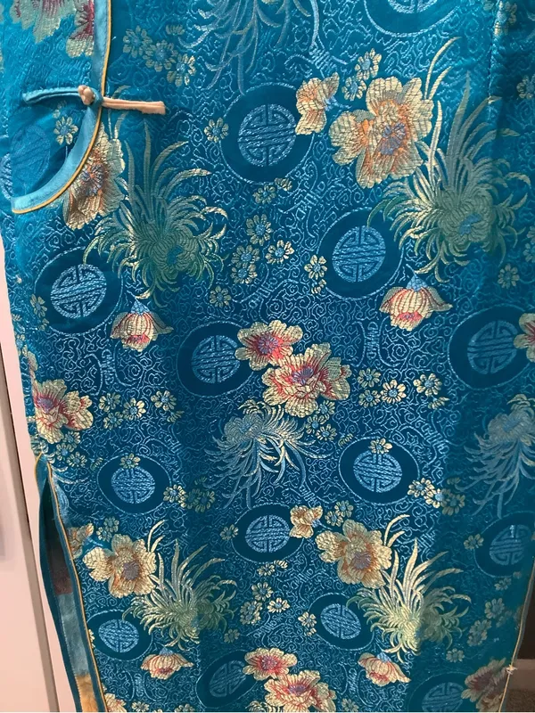 Yuexuan Qipao Dress Shanghai Style Blue Gold Floral Satin Mandarin Collar Y2K - Image 5
