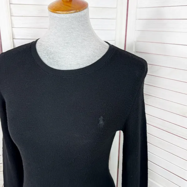 Polo Ralph Lauren Waffle Knit‎ Long Sleeve Maxi Dress Black Flared Hem Small - Image 5