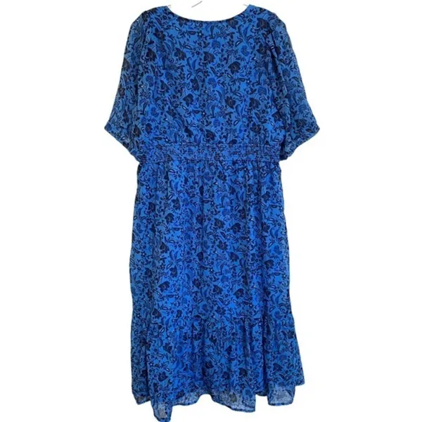 Old Navy Women's Blue Floral Midi Dress Smocked Waist V Neck Casual - L EUC - Image 3