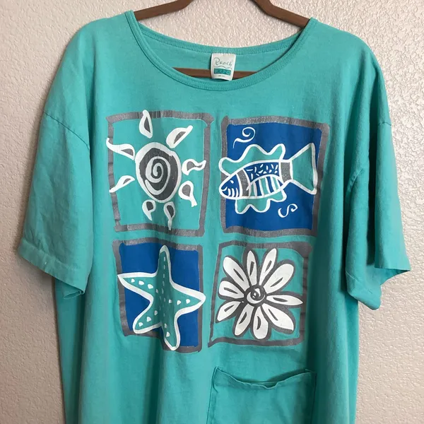 Vintage Beach Bound Teal Graphic Pocket T-shirt Summer Cover-up Loungewear OS - Image 2