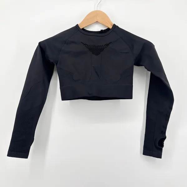 AYBL Black Motion Seamless Cropped Long Sleeve Gym Top Thumbholes‎ Cutout Back S - Image 3