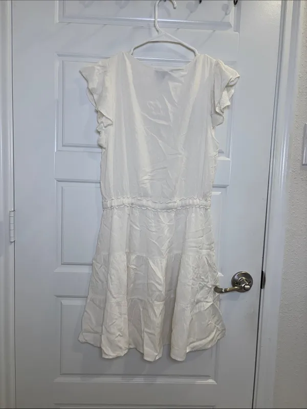 PAIGE White Textured Mini Dress Flutter Sleeve Button Front Size Small - Image 4