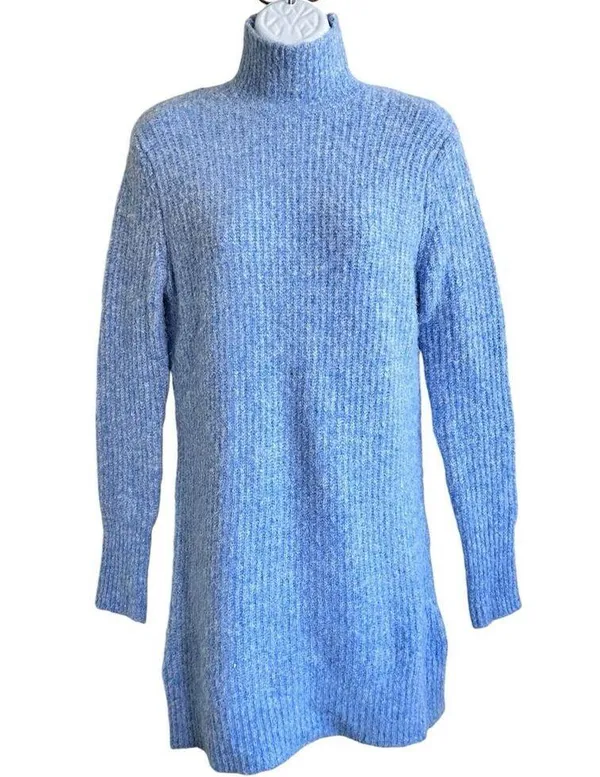 Zara Pullover Knit Ribbed Short Sweater Dress Mock Neck Light Blue Color XS - Image 9