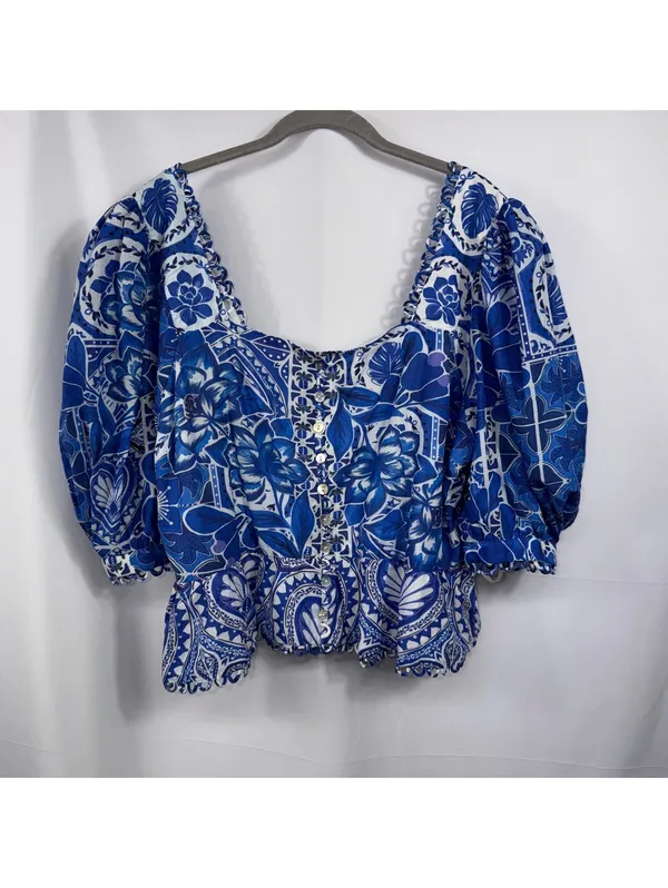 FARM Rio Blue Motif Puff Sleeve Peplum Top XL NWT - Image 4