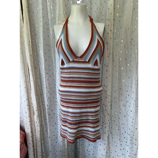 Cotton On Twiggy Knit Halter Multi Color Striped Crochet Sweater Mini Dress M - Image 2