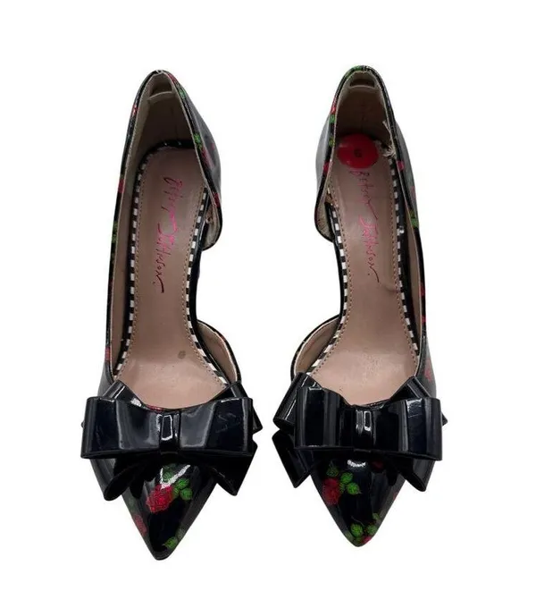 Betsey Johnson Size 6 Floral Pointed-Toe Heels W/ Bow Access Black/Red - Image 4
