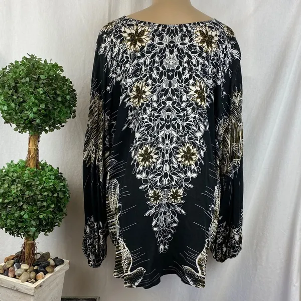 Free People Black Print Long Sleeve Peasant Boho Festival Oversized Top Blouse M - Image 4