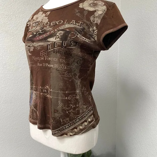 Y2k Brown Baby Tee Chocolate Espresso Coffee Floral Short Sleeve Rhinestone - Image 3