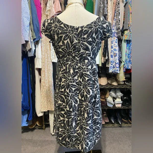MICHAEL KORS Black & Tan Floral Linen Cap Sleeve Empire Waist Dress - Image 3