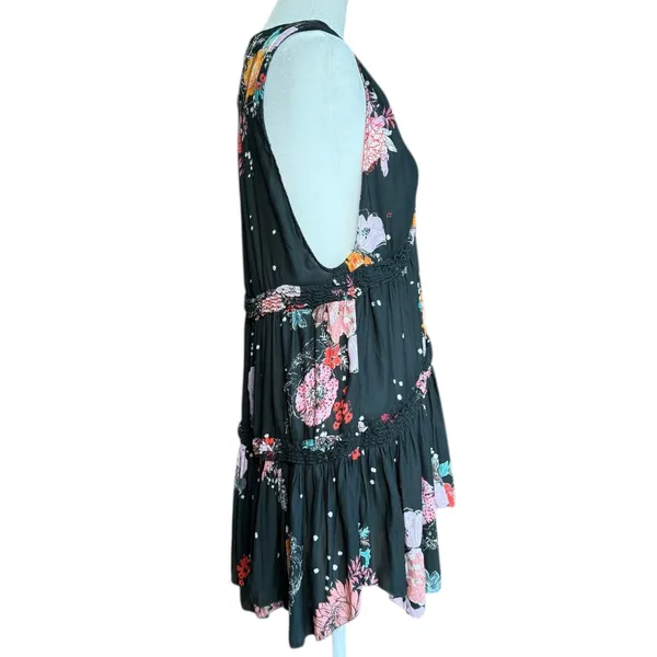 Free People “Purple Haze” Black Floral V Neck Tunic‎ Top Sz XS - Image 5