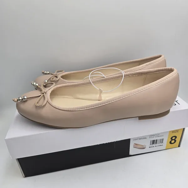 Nine West Women’s Beige Nude Ballet Flats Slip-On Round Toe Bow Bead Size 8 NIB - Image 4