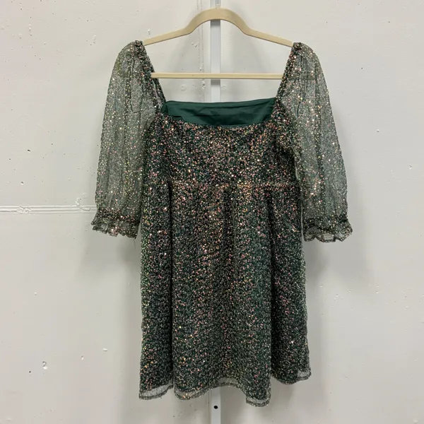 Altar'd State‎ Sparkly Beaded Embellished Green Babydoll Mini Dress Medium Boho - Image 7
