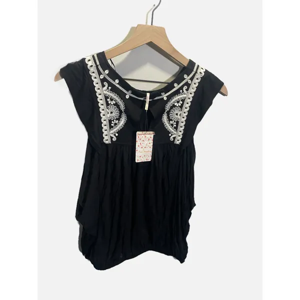 Free People Embroidered Top Womens XS Black‎ Boho Floral Cap Sleeve Blouse NEW - Image 6