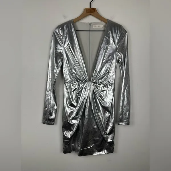 Meshki Silver‎ Hazel Low Cut Long Sleeves Mini Dress Women’s Sz S - Image 3