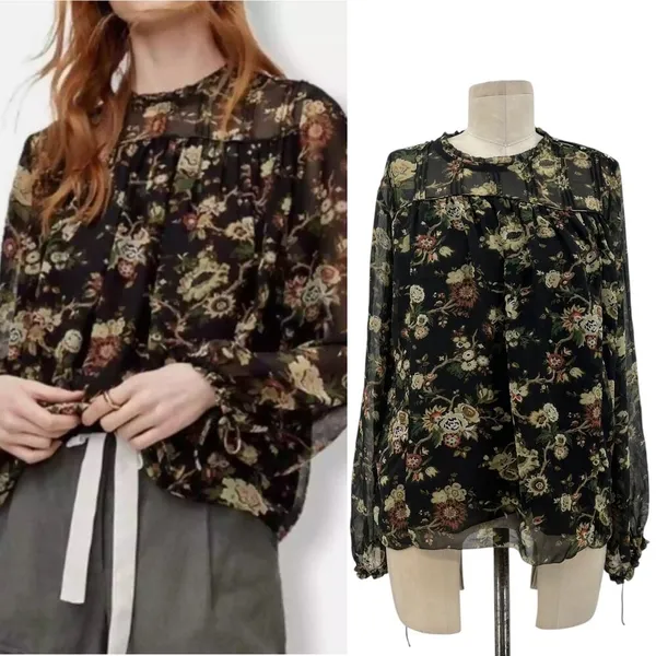 Aritzia Wilfred Long Sleeve Floral Print Chiffon‎ Blouse Black Green Size Medium - Image 2
