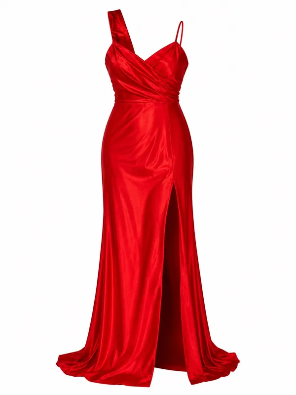 Women’s Red Satin One-Shoulder Slit Maxi Dress - Image 3