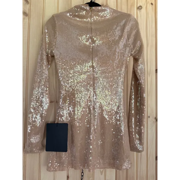 Lulus Sequin Long Sleeve Mini Dress Champagne Party Glam Holiday Extra Small - Image 3
