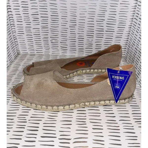 NWT Verbenas Womens Suede Peep Toe Espadrille Flats Taupe Made‎ in Spain Sz 9.5 - Image 2