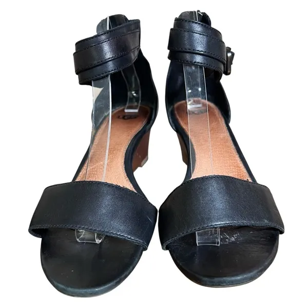 UGG Char Black Leather Wedge Sandal Women Sz 8 Wood Zip-up Open Toe Ankle Strap - Image 10