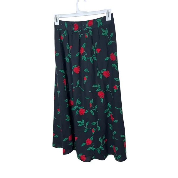 Vintage Black Red Rose Floral Maxi Skirt Lightweight Casual‎ Boho - Image 5