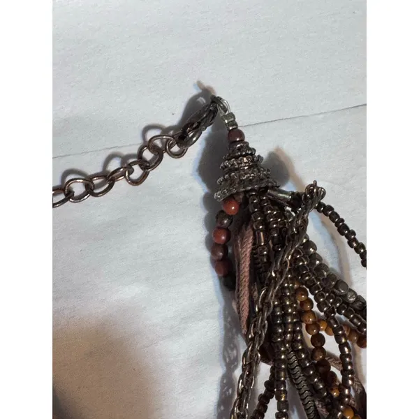 Brown Multi Strand Beaded Necklace Statement Pendant Boho Tribal 11” - Image 7