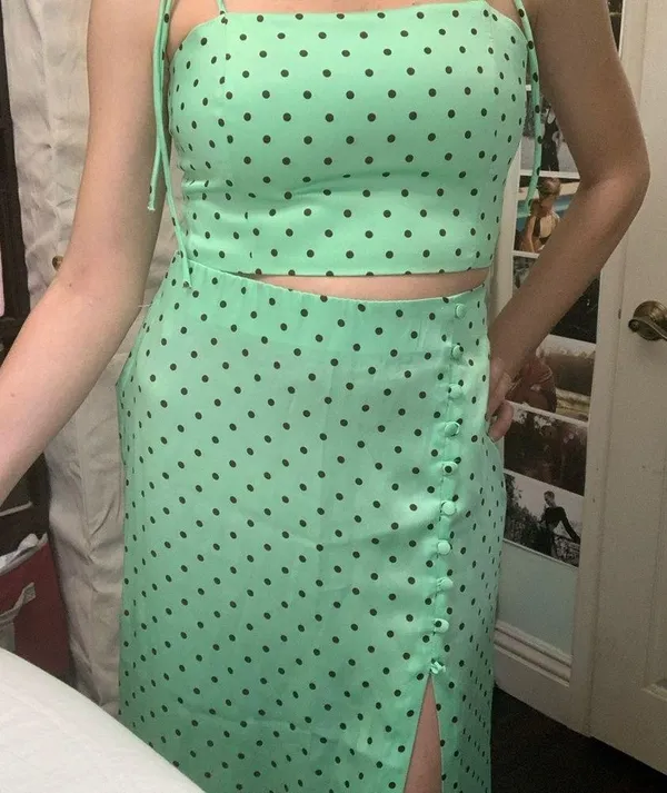 Zara Polka dot dress 2 piece set skirt with slit and top with straps - Image 3