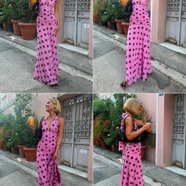 Alyweatry Pink Polka Dot Halter Maxi Dress Ruched V Neck Y2K Summer Sundress - Image 6