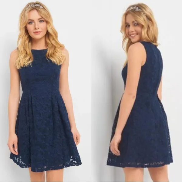 Orsay Navy Blue Floral Embroidered Lined A‎ Line Dress Size: EU 40 or US 8 - Image 2