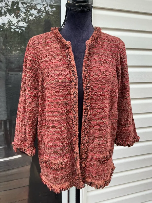 Chico's Frayed-Trim Open-Front Cardigan in Rust Mix - Image 11