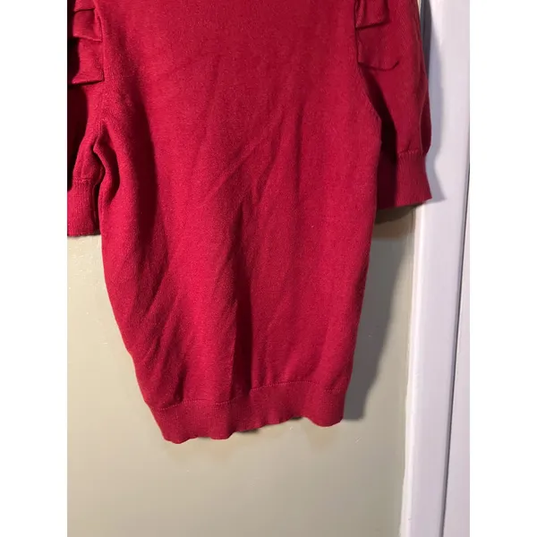 Women's Sz Small Short Puff Sleeve Sweater Crewneck Burgundy Red Viscose Stretch - Image 7