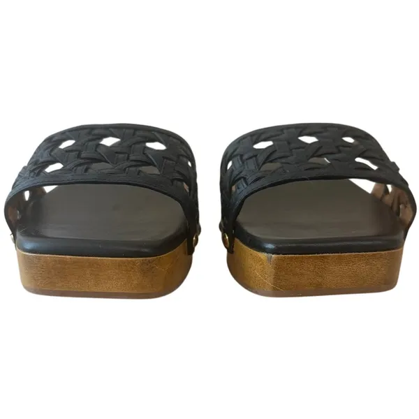 Tory Burch Basketweave Leather Clogs Black Wood Platform‎ 9 - Image 2
