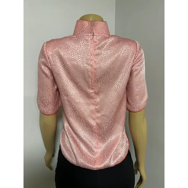 VTG ASIAN Pink Satin Jacquard Frog Button Blouse Red Piping Mandarin Collar Top - Image 3