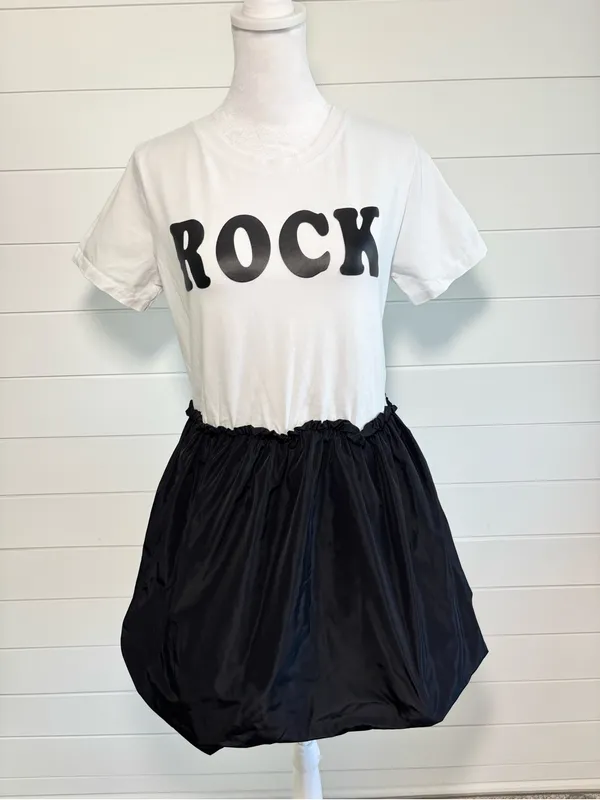ROCK White Graphic Mini Dress Black Bubble Skirt Cotton Blend Size M - Image 2