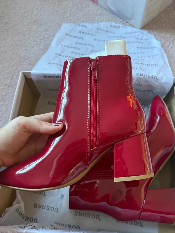 Bamboo Red Faux Leather Chunky Heel Boot - Image 5