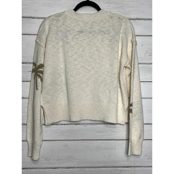 hem & thread Palm Tree Knit Sweater Medium Cotton Cream Olive Green Crew Neck - Image 5