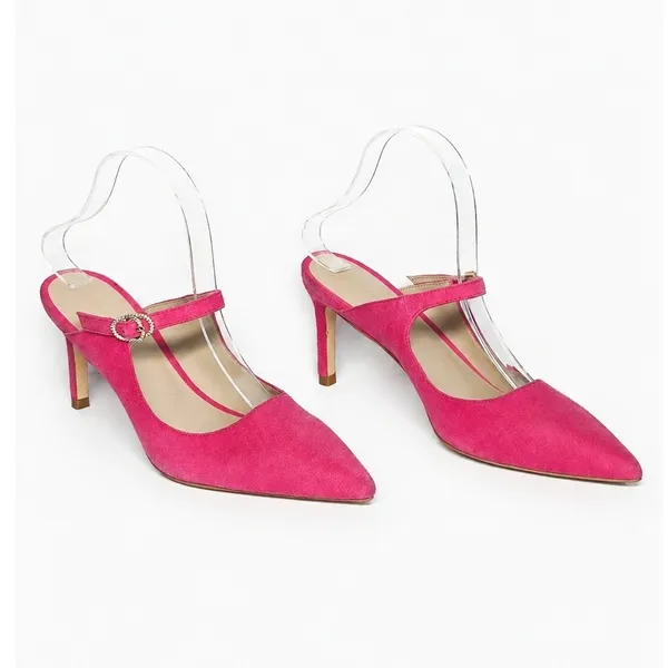 Stuart Weitzman Dazzle 75 Mule Pink Suede Crystal Buckle Mary‎ Jane Heels 6.5 - Image 2