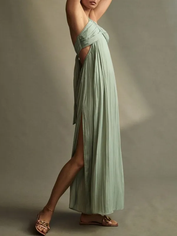 Anthropologie Women’s Halter Neck Tie Back Flowy Maxi Dress Sage Green Size M - Image 9