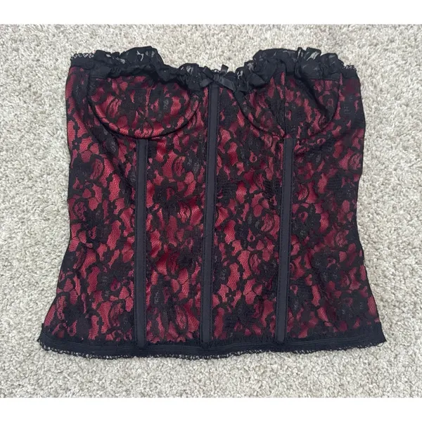 Black Red Lace Bustier Corset Top Strapless Gothic Victorian Style Size M - Image 2