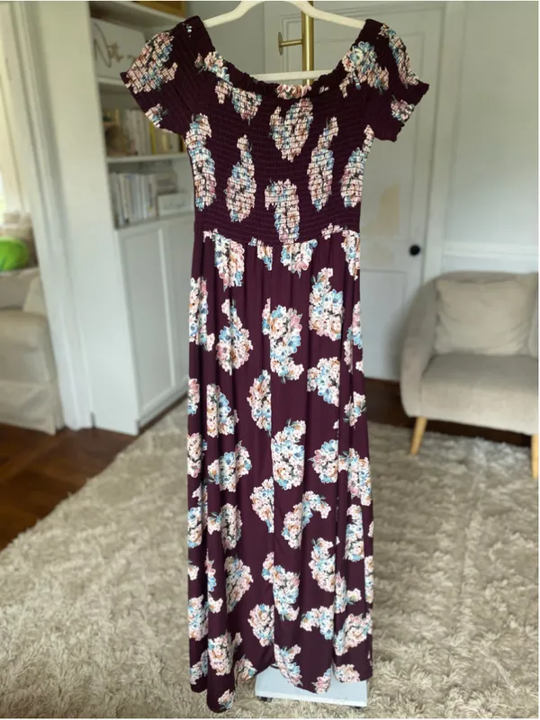 Altar’d State Burgundy Floral Smocked Maxi Dress Boho Coquette Romantic Feminine - Image 3