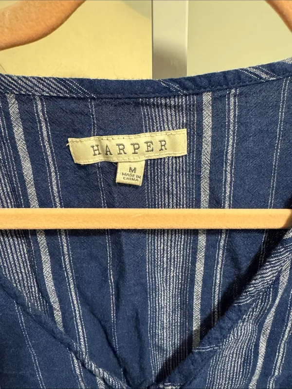 Harper Navy and White Striped Button-Front Tie-Hem Top - Image 2