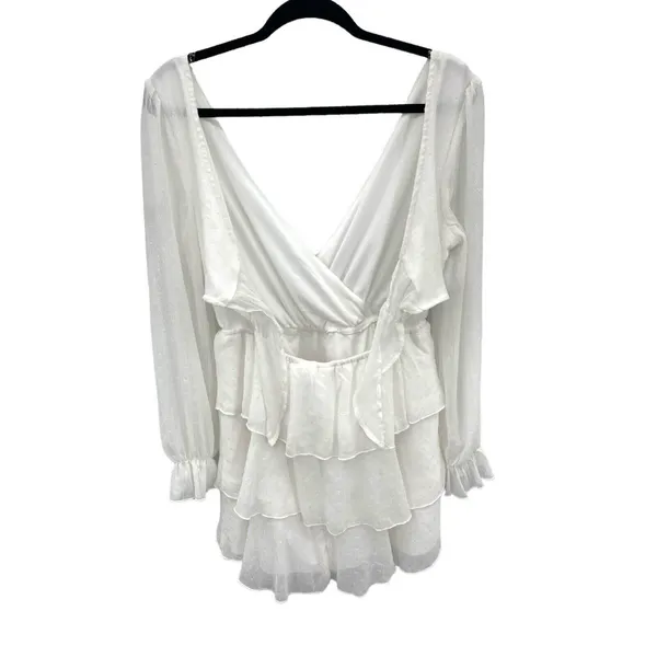 Tiered Ruffle White Mini‎ Dress Womens Large V Neck Romantic Feminine Tie Back - Image 7