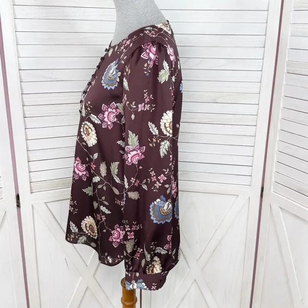Vince Camuto Floral‎ Puff Sleeve Button Front Blouse Brown Pink Small Wildflower - Image 2