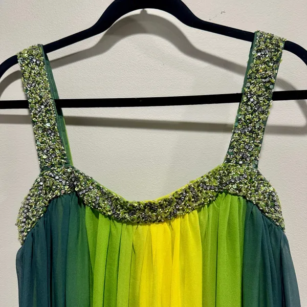 Morrell Maxie Y2K Silk Ombre Bubble Hem Beaded Dress Green Yellow Size 8 - Image 3