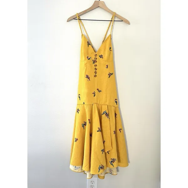 Farm Rio 100% Linen Jungle Tucanos Button Midi Yellow Embroidered Dress Sz XS - Image 5