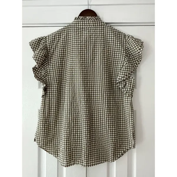 Veronica Beard Jeans Olive Gingham Ruffle‎ Flutter Sleeve Button Top Large - Image 3