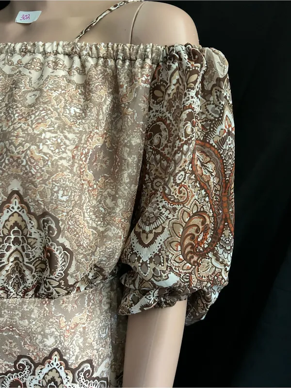 Wrangler Off-Shoulder Paisley Print Dress in Beige & Brown SM NWT - Image 3